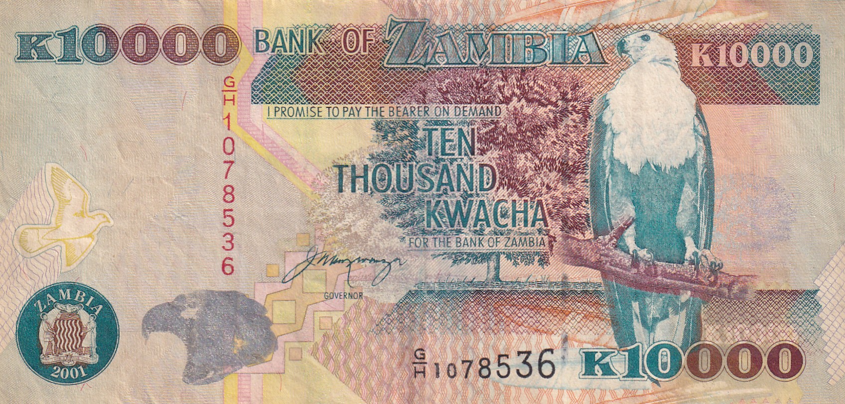 ZAMBIA TEN THOUSAND KWACHA OLD ISSUE WORLD NOTE