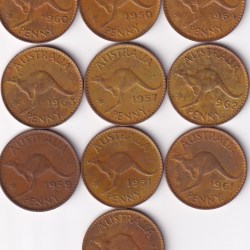 AUSTRALIA 10 DIFFERENT DATES ONE PENNY KANGAROO COIN SET#N338