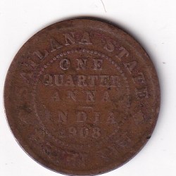 Sailana State India- British 1908 Edward Quarter Anna Extermly Rare COIN#N-366