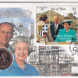ISLE OF MAN 5 POUND 1997 GOLDEN WEDDING ANNIVERY COIN FIRST DAY COVER MINT PACK GEM UNC