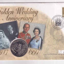 GUERNSEY 5 POUND 1997 GOLDEN WEDDING ANNIVERSARY - ELLIZABETH AND PHILIP - COIN FIRST DAY COVER MINT PACK GEM UNC