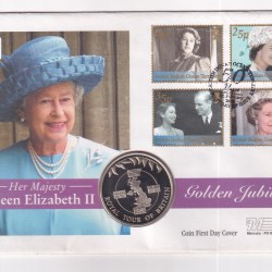 FALKLAND ISLAND 50 PENCE 2002 - GOLDEN JUBILEE HER MAJESTY QUEEN ELIZABETH II- COMMEMORATIVE COIN FIRST DAY COVER MINT PACK GEM UNC