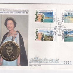 TURKS AND CAICOS ISLAND 5 CROWNS 1992 - *QUEEN ELIZABETH II* 40th ANNIVERSARY OF THE ACCESSION TO THE THRONE COIN FIRST DAY COVER MINT PACK GEM UNC