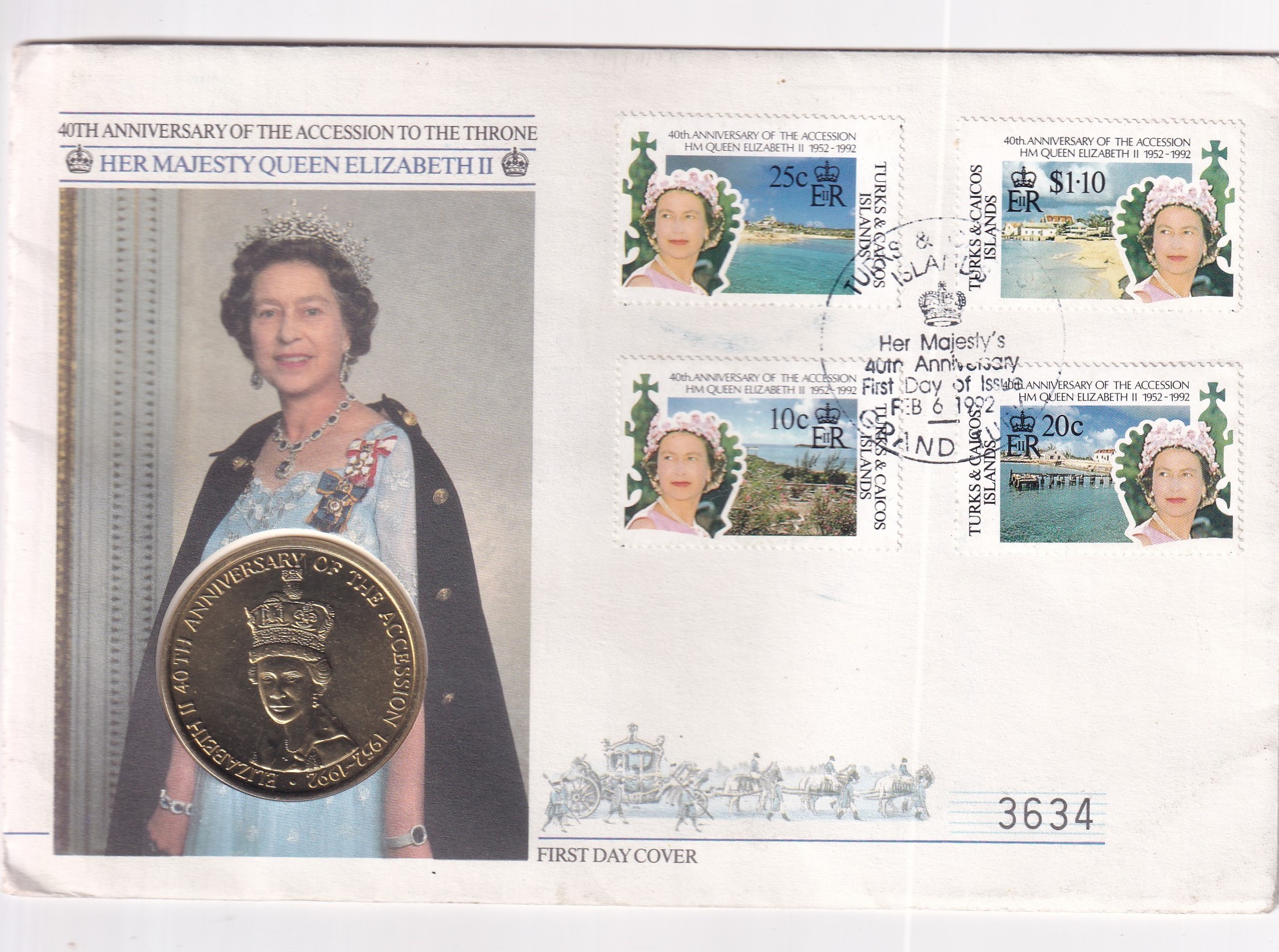 TURKS AND CAICOS ISLAND 5 CROWNS 1992 - *QUEEN ELIZABETH II* 40th ANNIVERSARY OF THE ACCESSION TO THE THRONE COIN FIRST DAY COVER MINT PACK GEM UNC