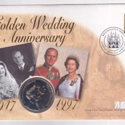 ENGLAND 5 POUNDS 1997 - GOLDEN WEDDING ANNIVERSARY PHILIP PRINCEPS 1997 COMMEMORATIVE COIN FIRST DAY COVER MINT PACK GEM UNC