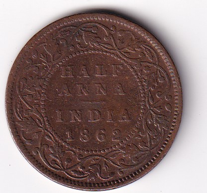 British India ½ Anna -1862 Victoria Rare Coin High Grade Coin # N-399