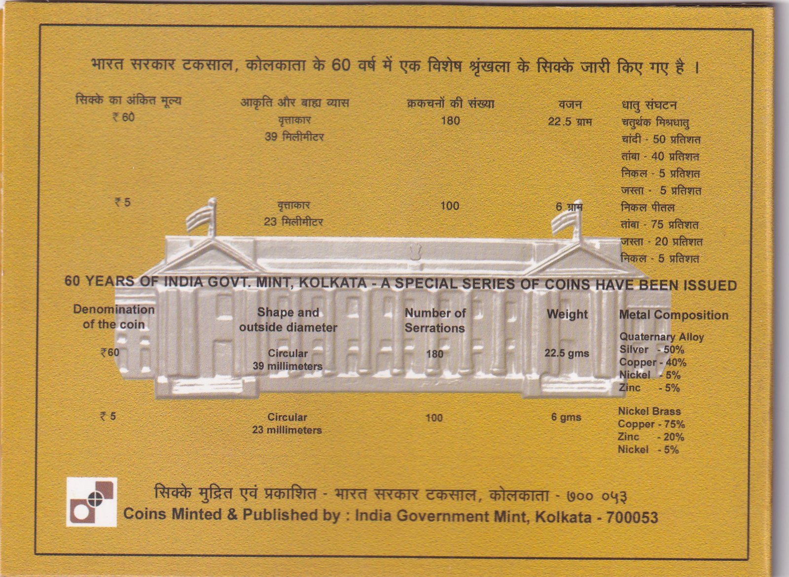 60 YEARS OF INDIA GOVT. - 2012 KOLKATA MINT RARE 2 COIN ((PROOF SET)) - Image 4