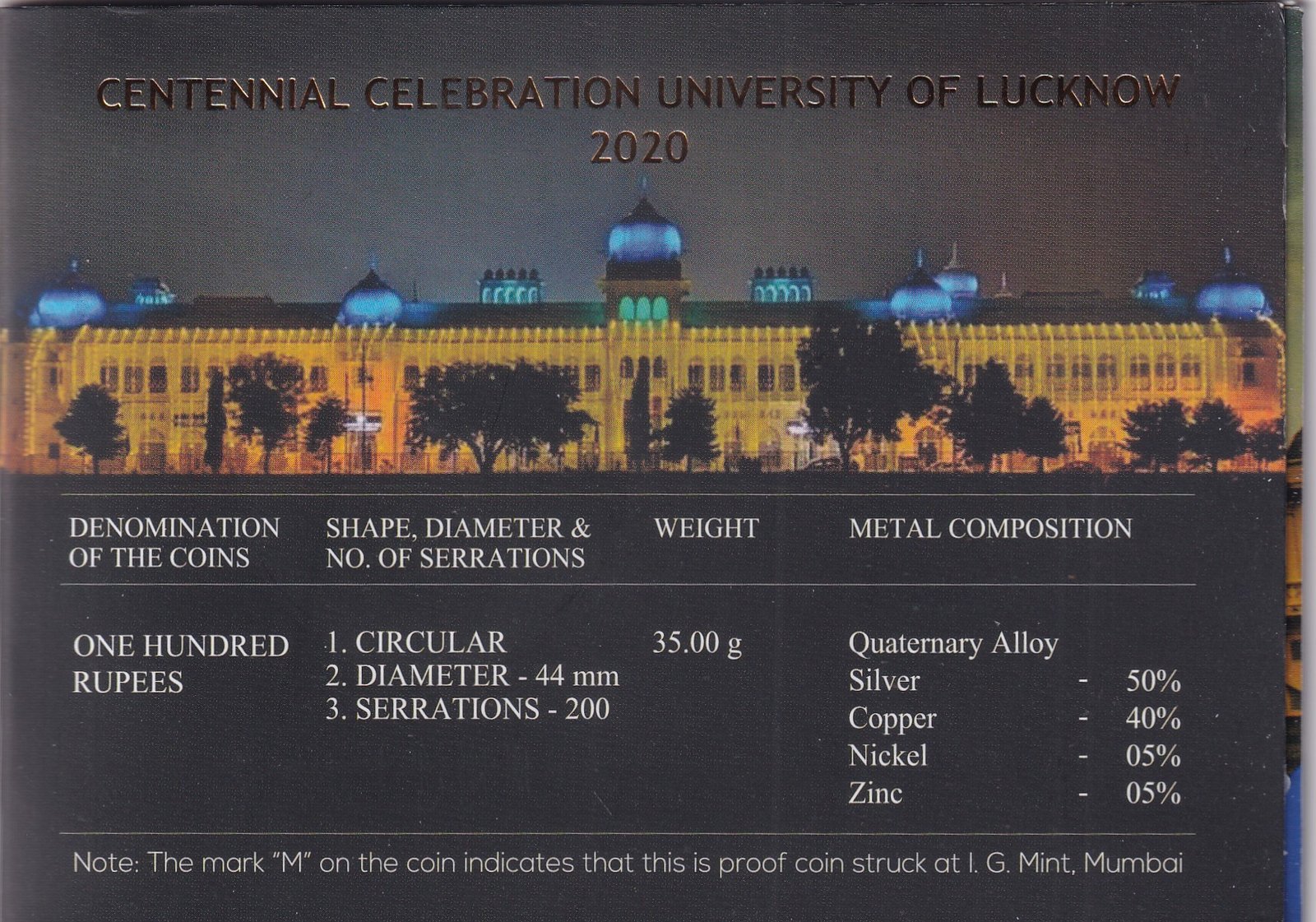 CENTENNIAL CELEBRATION UNIVERSITY OF LUCKNOW-2020 MUMBAI MINT RARE 1 COIN ((PROOF SET))