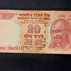 Reserve Bank of India Denominaton 20₹ Governor urjit r Patel Starting 786910 Same note available