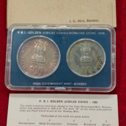 Alternative view of 1985 Reserve Bank of India (1935-85) 2 coin set with certificate and box