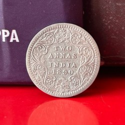 Rare Two Anna 1890 Silver Coin Calcutta Mint of Victoria Empress British India Coinage