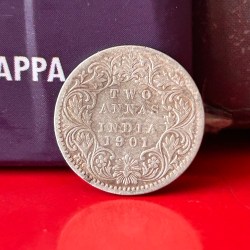 Rare Two Anna 1901 Silver Coin Bombay Mint of Victoria Empress British India Coinage