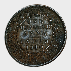 Alternative view of British India Copper ONE QUARTER ANNA Year 1910 King EDWARD-VII **SCARE** High Collectable Grade.