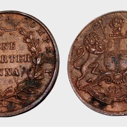 British India Copper ONE QUARTER ANNA Year 1835 Inverted Axis "EAST INDIA COMPANY" SCARE Coinage in High Collectable Grade.