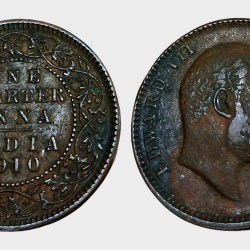 British India Copper ONE QUARTER ANNA Year 1910 King EDWARD-VII **SCARE** High Collectable Grade.