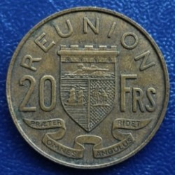 REUNION, 20 FRANCS, 1955, KM#11, CIRCULATED CONDITION.