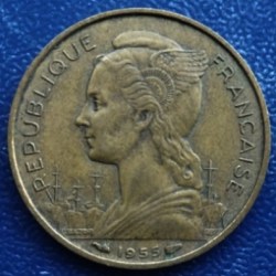 Alternative view of REUNION, 20 FRANCS, 1955, KM#11, CIRCULATED CONDITION.