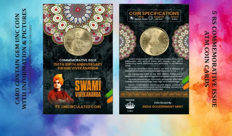 5 Rs. 150TH BIRTH ANNIVERSARY OF SWAMI VIVEKANANDA rare Commemorative Coin Card Special Edition