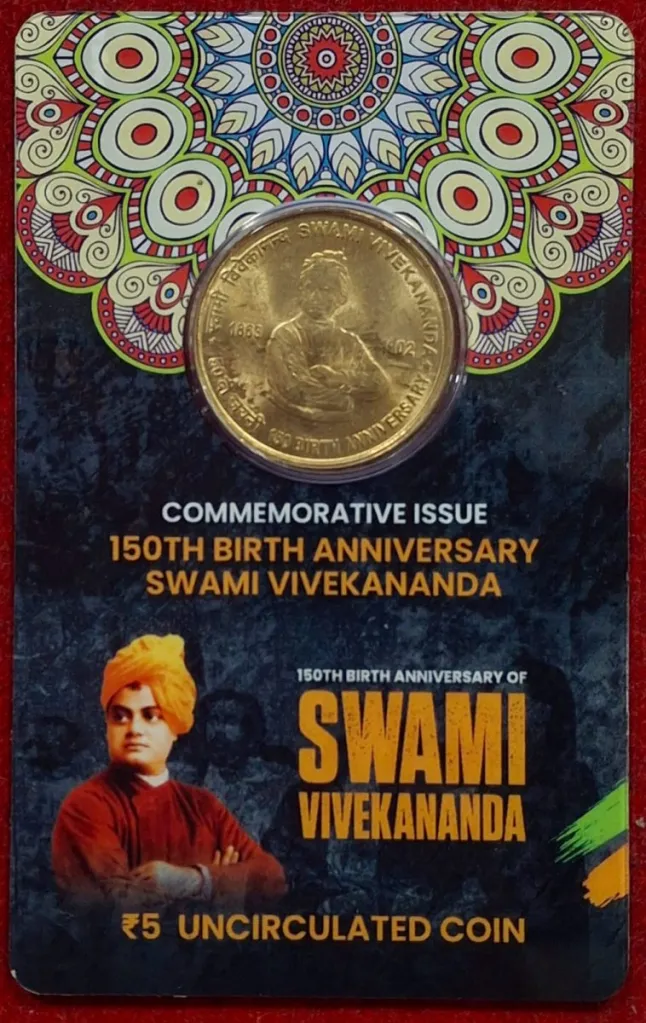 5 Rs. 150TH BIRTH ANNIVERSARY OF SWAMI VIVEKANANDA rare Commemorative Coin Card Special Edition