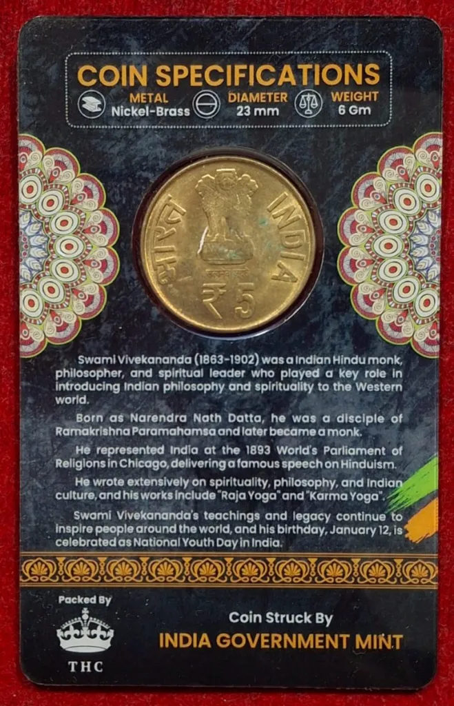 5 Rs. 150TH BIRTH ANNIVERSARY OF SWAMI VIVEKANANDA rare Commemorative Coin Card Special Edition