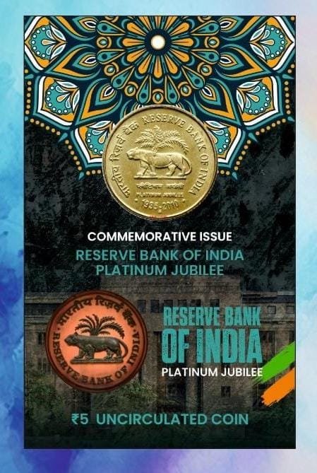 5 Rs. Reserve Bank Of India Platinum Jubilee Rare Commemorative Coin Card Special Edition