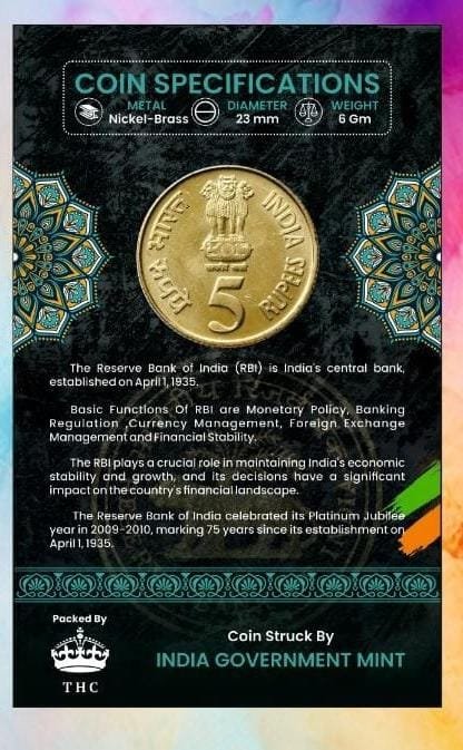 5 Rs. Reserve Bank Of India Platinum Jubilee Rare Commemorative Coin Card Special Edition