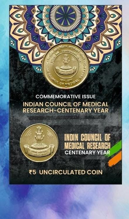 5 Rs. Indian Council Of Medical Research Centenary Year rare Commemorative Coin Card Special Edition