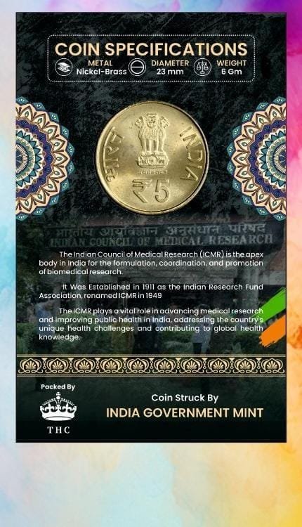 5 Rs. Indian Council Of Medical Research Centenary Year rare Commemorative Coin Card Special Edition