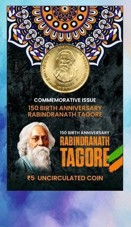 5 Rs. 150 Birth Anniversary Rabindranath Tagore rare Commemorative Coin Card Special Edition