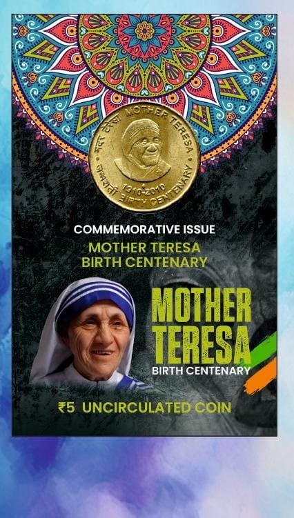 5 Rs. Mother Teresa Birth Centenary are rare Commemorative Coin Card Special Edition