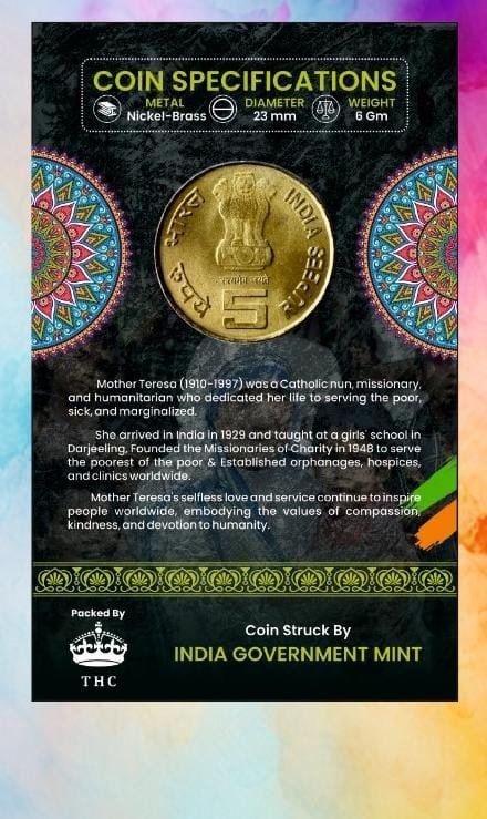 5 Rs. Mother Teresa Birth Centenary are rare Commemorative Coin Card Special Edition