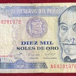 PERU 10000 DIEZ MIL SOLES DRARE ORO RARE NOTE