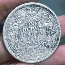 1911 One Rupees British-India George V Rare Date Calcutta Mint Silver Coin # 6363