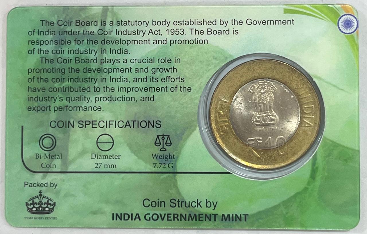 10 Rs 60 YEARS OF COIR BOARD COMMEMORATIVE ISSUE RARE COIN CARD SPECIAL EDITION - Image 2