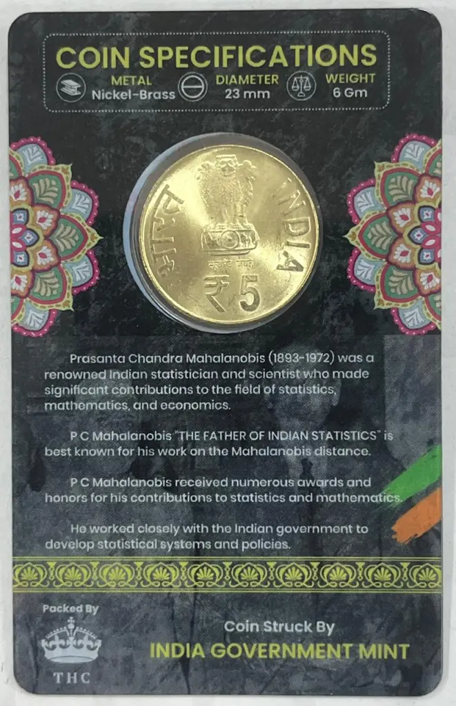 5 Rs PRASANTA CHANDRA MAHAL ANOBIS COMMEMORATIVE ISSUE RARE COIN CARD SPECIAL EDITION