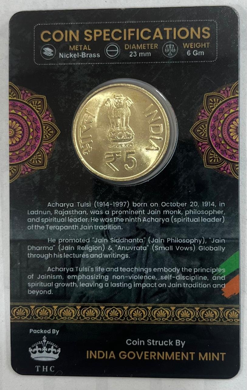 5 Rs ACHARYA TULSI COMMEMORATIVE ISSUE RARE COIN CARD SPECIAL EDITION