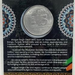 Alternative view of 5 Rs SHAHEED BHAGAT SINGH BIRTH CENTENARY COMMEMORATIVE ISSUE RARE COIN CARD SPECIAL EDITION