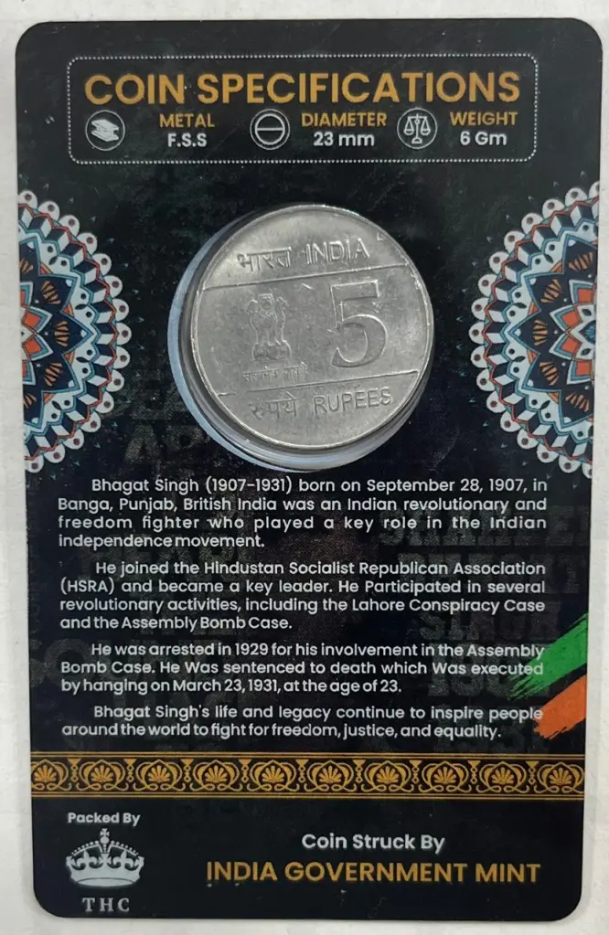 5 Rs SHAHEED BHAGAT SINGH BIRTH CENTENARY COMMEMORATIVE ISSUE RARE COIN CARD SPECIAL EDITION