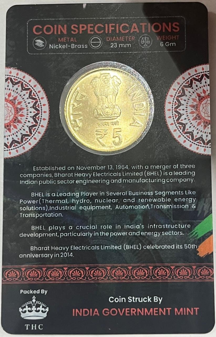 5Rs BHEL -50 YEARS OF ENGINEERING EXCELLENCE COMMEMORATIVE ISSUE RARE COIN CARD SPECIAL EDITION