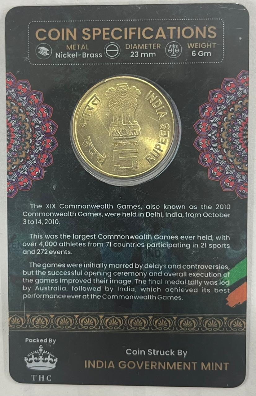 5Rs XIX COMMONWEALTH GAMES DELHI COMMEMORATIVE ISSUE RARE COIN CARD SPECIAL EDITION - Image 2