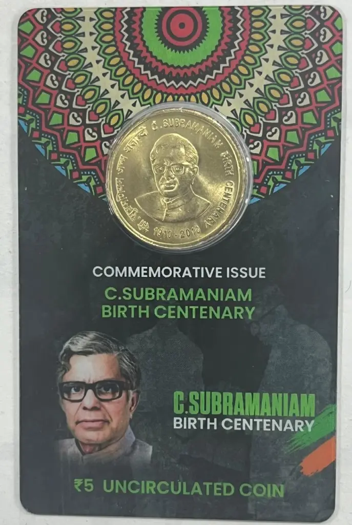 5 Rs C.SUBRAMANIAM BIRTH CENTENARY COMMEMORATIVE ISSUE RARE COIN CARD SPECIAL EDITION