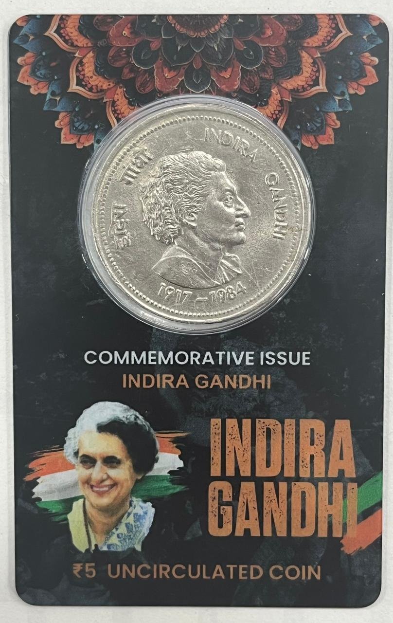 5 Rs INDIRA GANDHI COMMEMORATIVE ISSUE RARE COIN CARD SPECIAL EDITION
