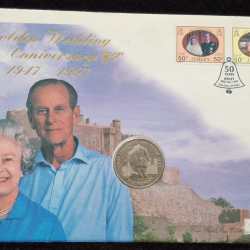 ENGLAND 5 POUND GOLDEN WEDDING ANNIVERSARY 1947-1997 FIRST DAY COVER MINT PACK GEM UNC