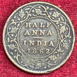 India - British ½ Anna - Victoria RARE COIN #S-8