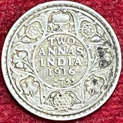 India - British 2 Annas - George V Type II RARE COIN #S-9