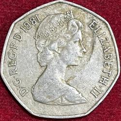 Alternative view of United Kingdom big size 50 New Pence 1981 - Elizabeth II 2nd RARE COIN #S-24
