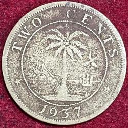 LIBERIA 2 CENTS 1937 RARE COIN #S-29