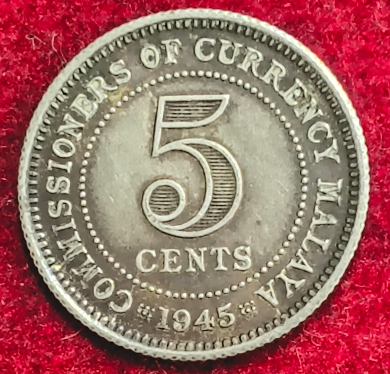 Malaya 5 Cents - 1945 SILVER George VI RARE COIN #S-40