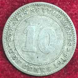 STRAITS SETTLEMCNT 10 CENT GEORGE V 1918 SILVER RARE COIN #S-46