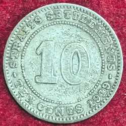 STRAITS SETTLEMCNT 10 CENT GEORGE V 1919 SILVER RARE COIN #S-47